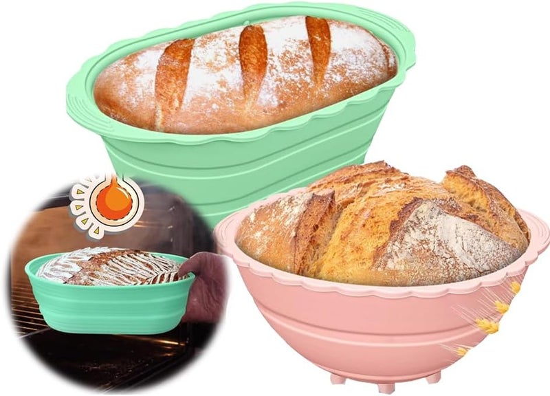 سلال تخمير الخبز، بانيتون سيليكون قابل للطي، مستلزمات خبز الخبز الحامض، مجموعة وعاء تخمير قابلة للطي 2 حزمة (وردي + أخضر) - Image 1