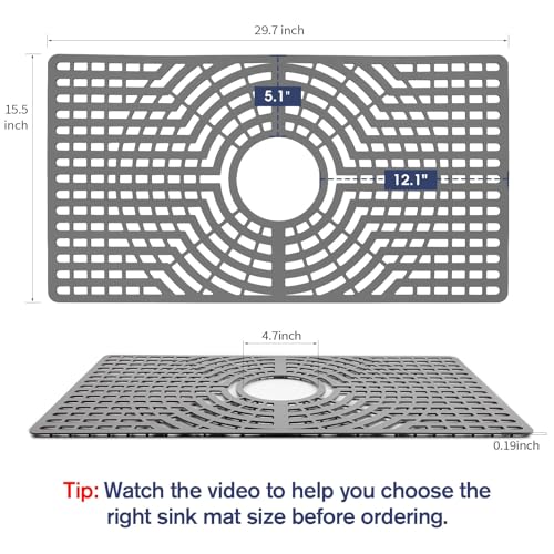 Snuggery Silicone Sink Protector 30"x16" Center Drain Hole, Heat Resistant Non-slip Dishwasher Suitable, Large Sink Mat for Bottom of Farmhouse Kitchen Stainless Steel Sinks (Grey) - Image 2