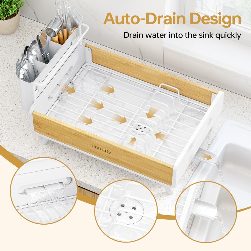 Urackify Dish Drying Rack for Kitchen Counter - Stainless Steel & Bamboo Dish Rack with Large Removable Utensil Holder, Dish Drainer with Adjustable Automatic Spout, White - Image 2