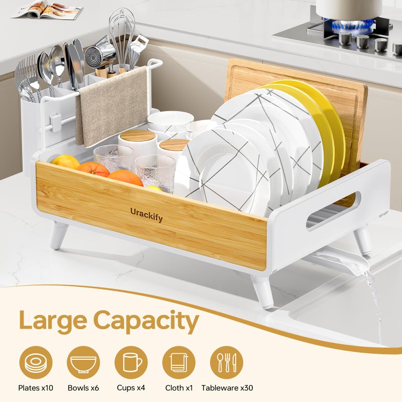Urackify Dish Drying Rack for Kitchen Counter - Stainless Steel & Bamboo Dish Rack with Large Removable Utensil Holder, Dish Drainer with Adjustable Automatic Spout, White - Image 5