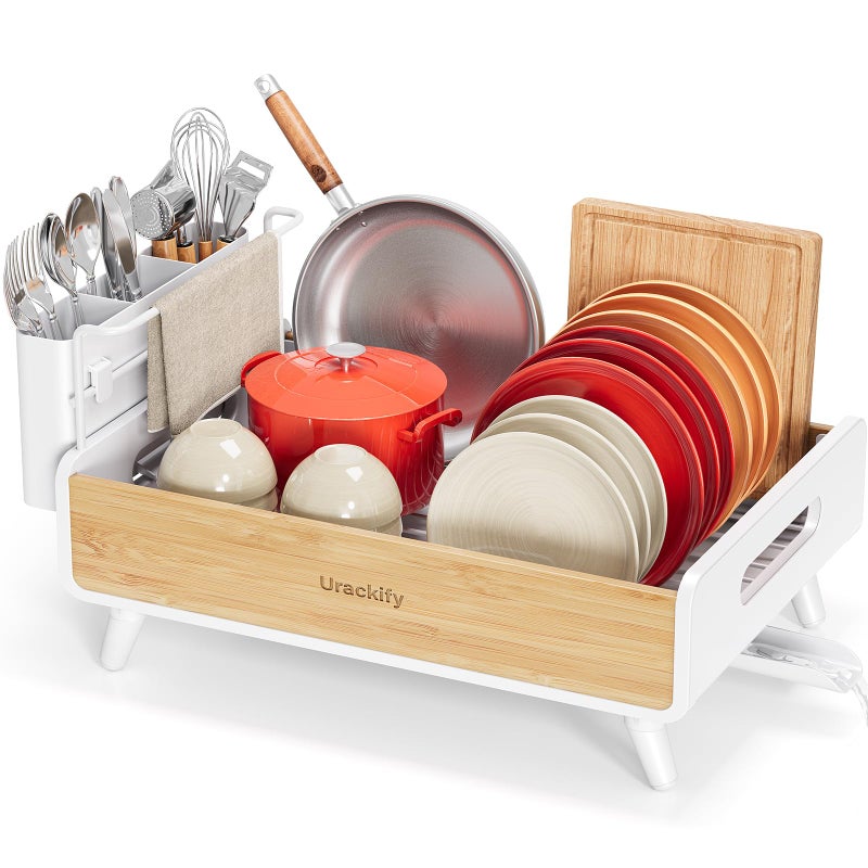 Urackify Dish Drying Rack for Kitchen Counter - Stainless Steel & Bamboo Dish Rack with Large Removable Utensil Holder, Dish Drainer with Adjustable Automatic Spout, White - Image 1