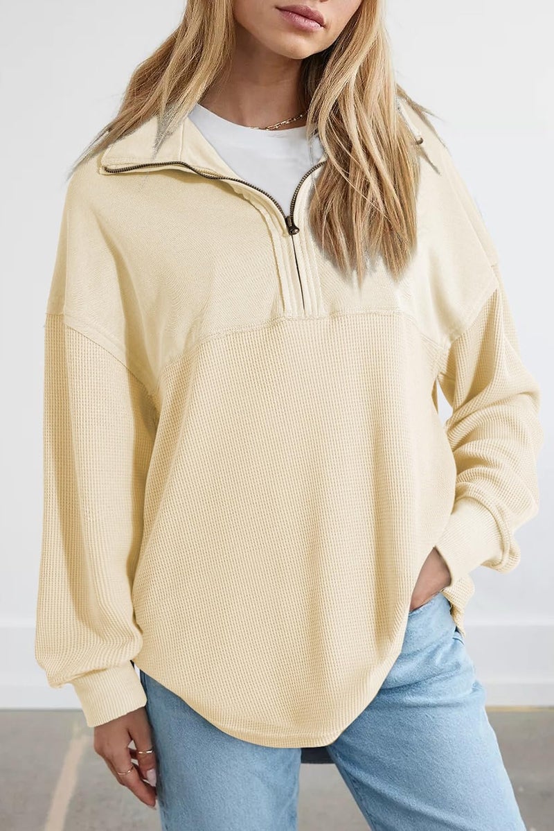 Shein SHEWIN Womens Sweatshirts Casual Waffle Knit Tops Half Zip Pullover Long Sleeve Shirts Quarter Zip Trendy Fall Outfits Oversized Clothes 2025 Large Beige - Image 2