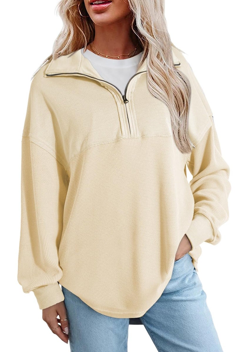 Shein SHEWIN Womens Sweatshirts Casual Waffle Knit Tops Half Zip Pullover Long Sleeve Shirts Quarter Zip Trendy Fall Outfits Oversized Clothes 2025 Large Beige - Image 1