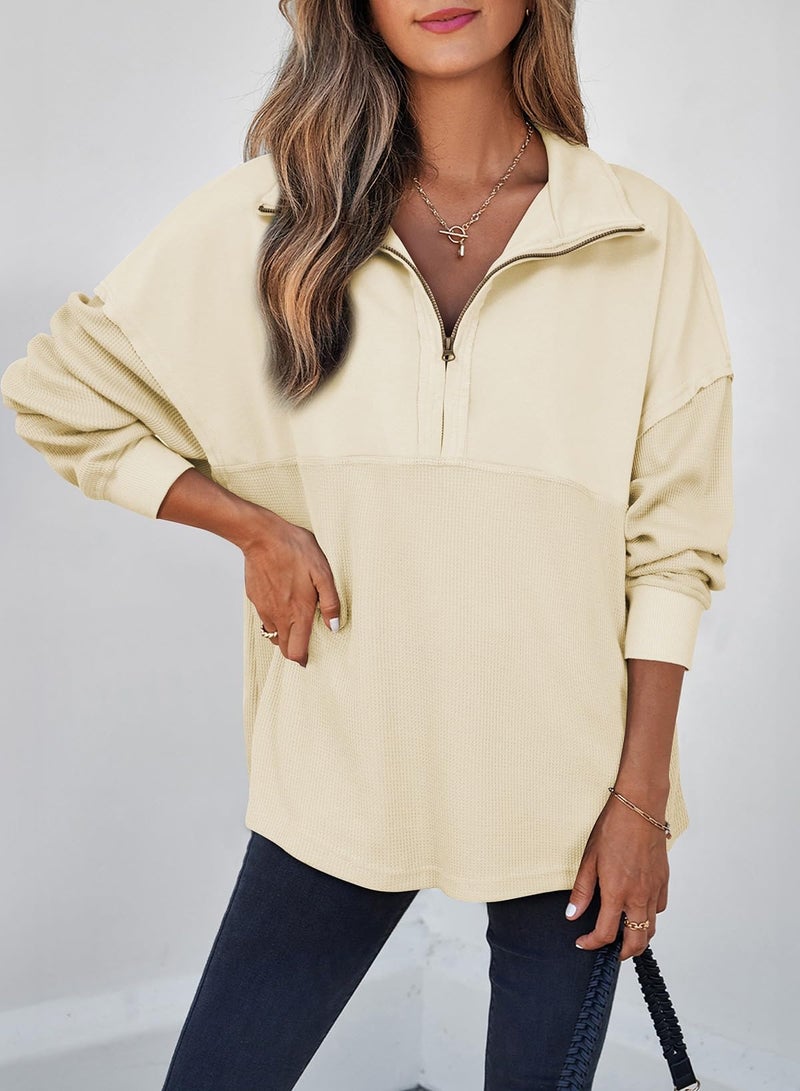 Shein SHEWIN Womens Sweatshirts Casual Waffle Knit Tops Half Zip Pullover Long Sleeve Shirts Quarter Zip Trendy Fall Outfits Oversized Clothes 2025 Large Beige - Image 4