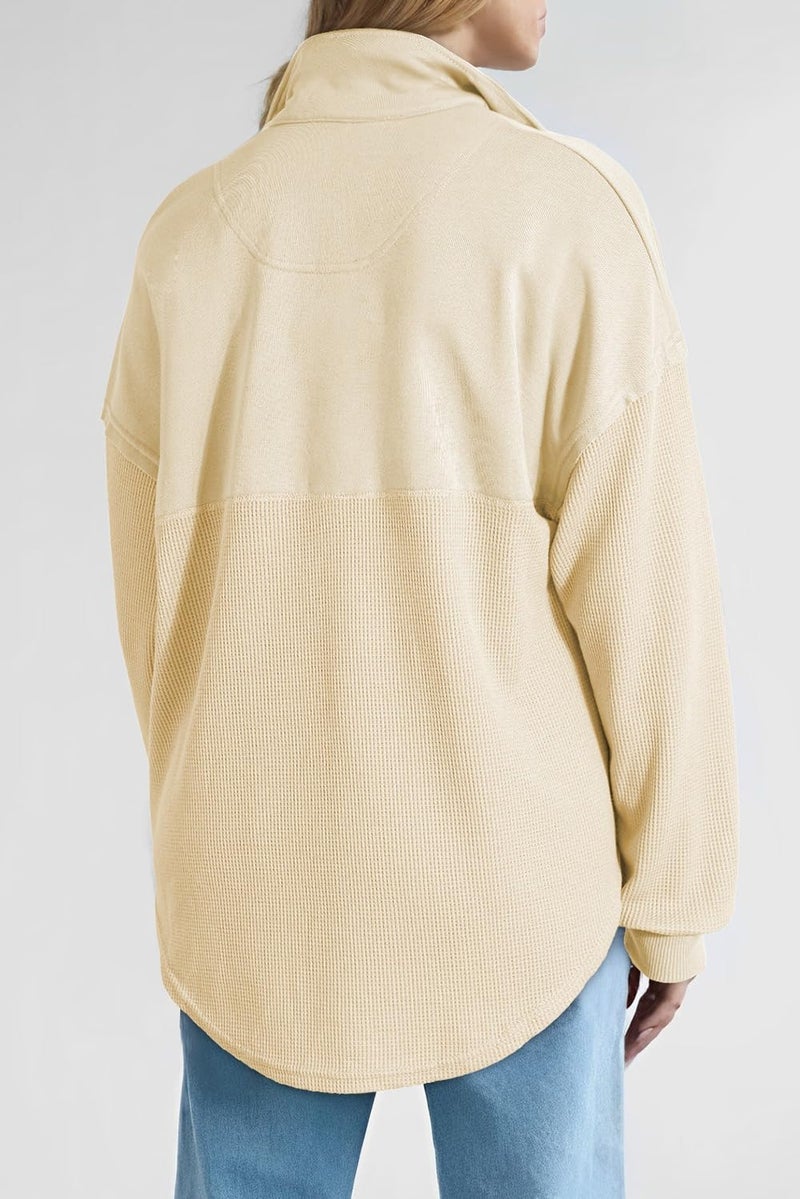 Shein SHEWIN Womens Sweatshirts Casual Waffle Knit Tops Half Zip Pullover Long Sleeve Shirts Quarter Zip Trendy Fall Outfits Oversized Clothes 2025 Large Beige - Image 3