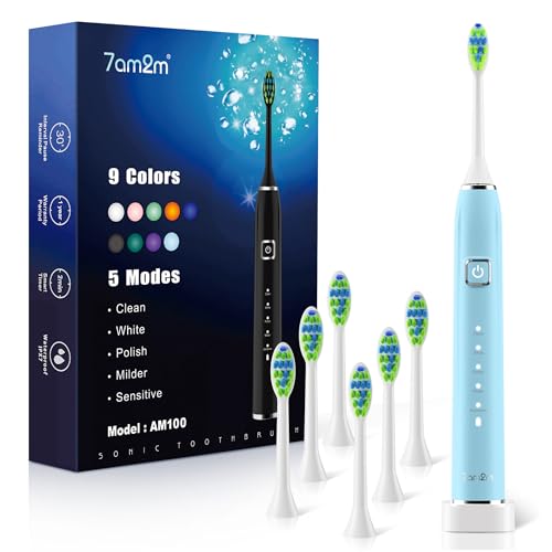 7AM2M Sonic Electric Toothbrush with 6 Brush Heads for Adults&Kids, One Charge for 120 Days, Wireless Fast Charge, 5 Modes, 40000VPM Powered Toothbrush, 2 Minutes Built in Smart Timer (Light Blue) - Image 1