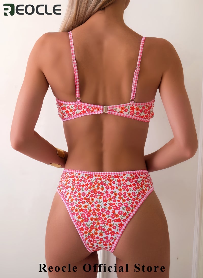 REOCLE Women's Triangle Bikini Sets O Ring Linked Two Piece Swimsuits Floral Printed Cheeky Bathing Suit  - Image 3