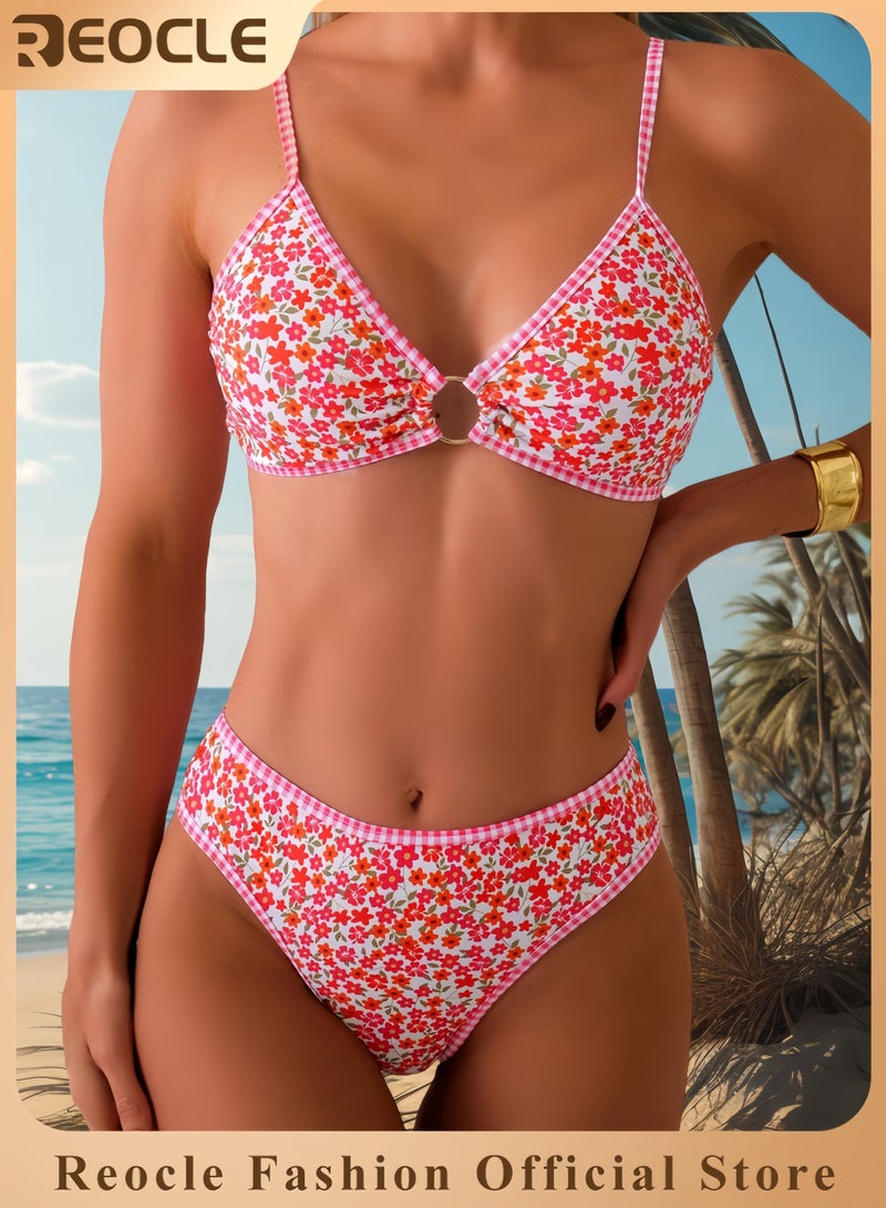 REOCLE Women's Triangle Bikini Sets O Ring Linked Two Piece Swimsuits Floral Printed Cheeky Bathing Suit  - Image 1