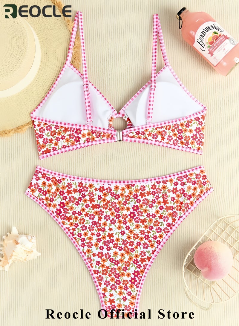 REOCLE Women's Triangle Bikini Sets O Ring Linked Two Piece Swimsuits Floral Printed Cheeky Bathing Suit  - Image 5