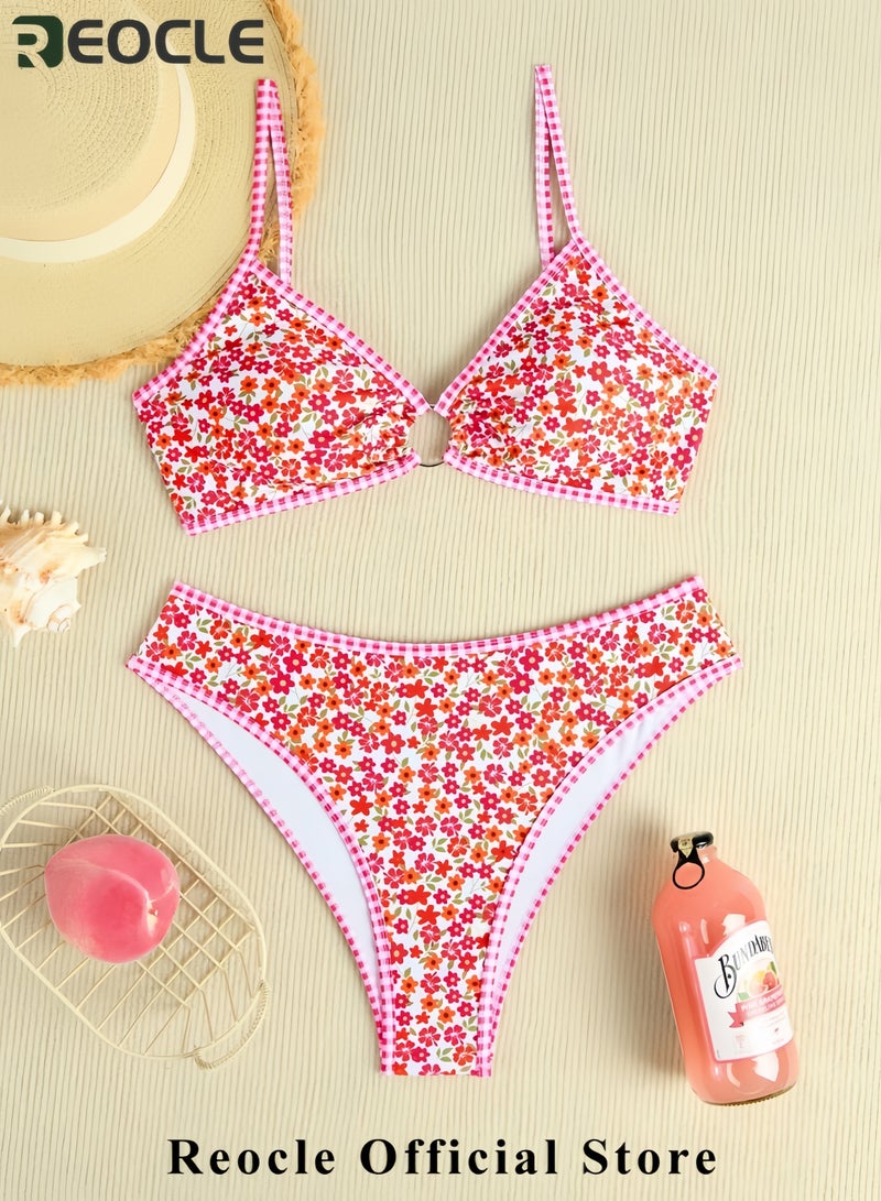 REOCLE Women's Triangle Bikini Sets O Ring Linked Two Piece Swimsuits Floral Printed Cheeky Bathing Suit  - Image 4