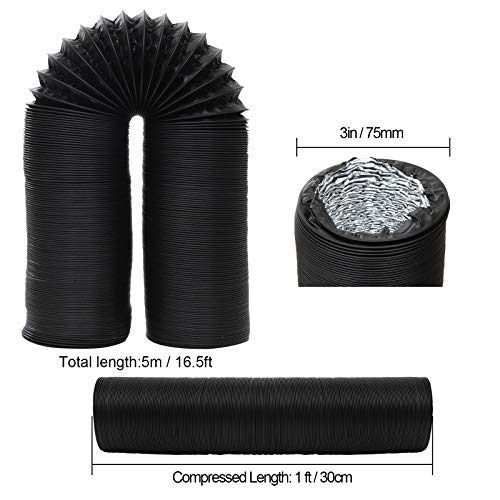 APACALI 3Inch Flexible Ducting Hose 16.5 feet Black Aluminum Ducting Dryer Vent Hose with 2 Screw Clamps for Heating Ventilation Air Conditioning (HVAC), Boat Blower, Exhaust Grow Tents - Image 2