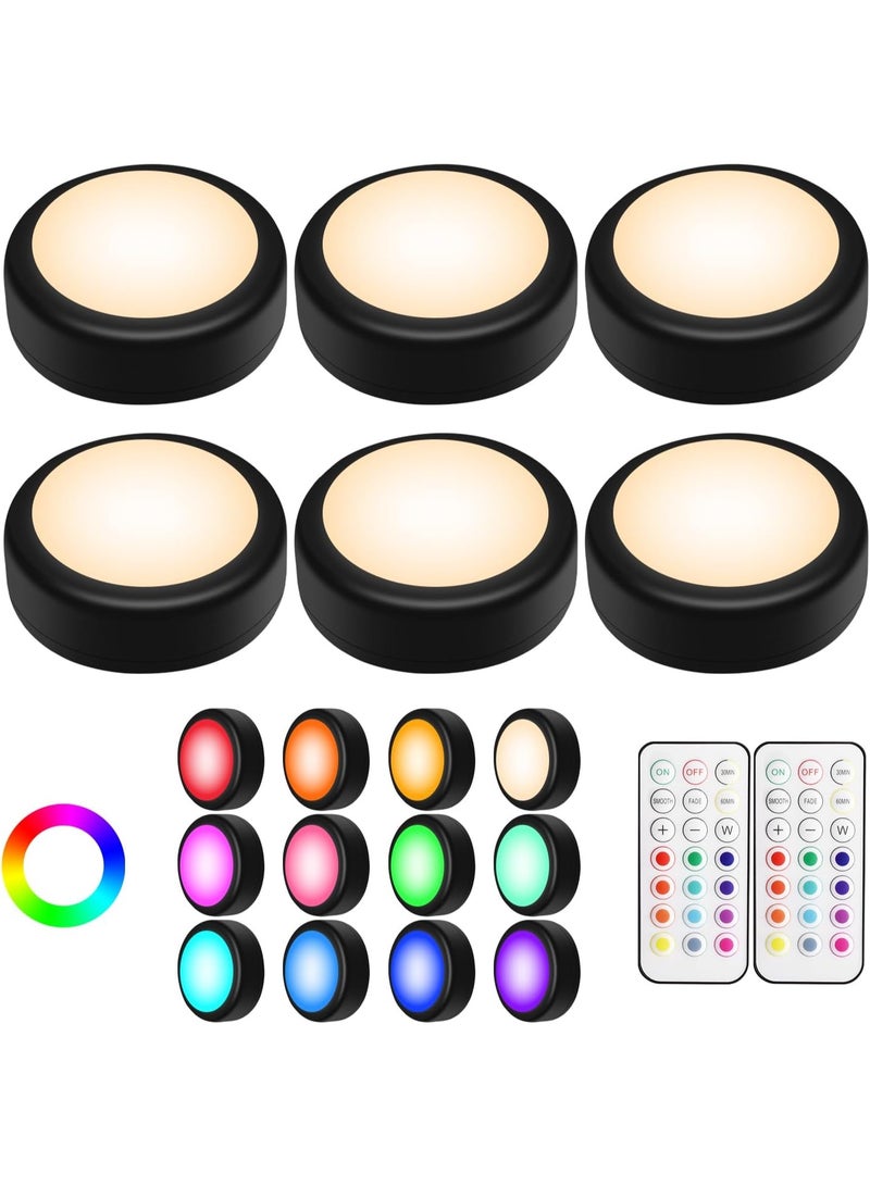 DUNISO 6 قطع أضواء باك مع 2 جهاز تحكم عن بعد، إضاءة LED تحت الخزائن لاسلكية، أضواء ليلية تعمل بالبطارية، توفير المساحة، توفير الطاقة، للخزانة، المطبخ، الجدار، الطاولة، أسود - Image 1