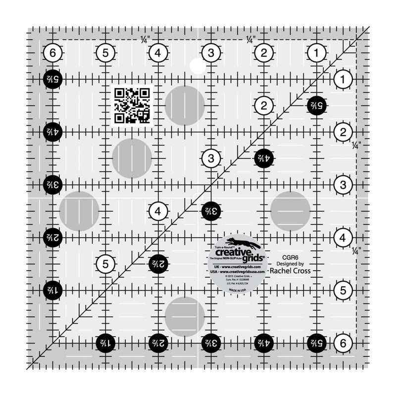 Creative Grids Quilt Ruler 6-1/2in x 6-1/2in Square – CGR6 – Made in USA, Non-Slip Grip Acrylic Quilting, Sewing, Crafting, Patchwork Ruler for Measuring & Cutting Fabric - Image 1