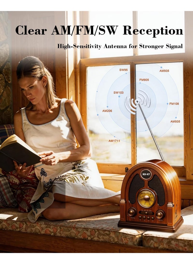 راديو AM/FM/SW كلاسيكي محمول مزود بمكبر صوت بلوتوث، بتصميم رجعي، ونظام صوت ستيريو TWS، وتشغيل عبر USB/TF، وهوائي عالي الحساسية، وراديو قابل لإعادة الشحن على الطراز القديم للاستخدام في المنزل أو المكتب - Image 3