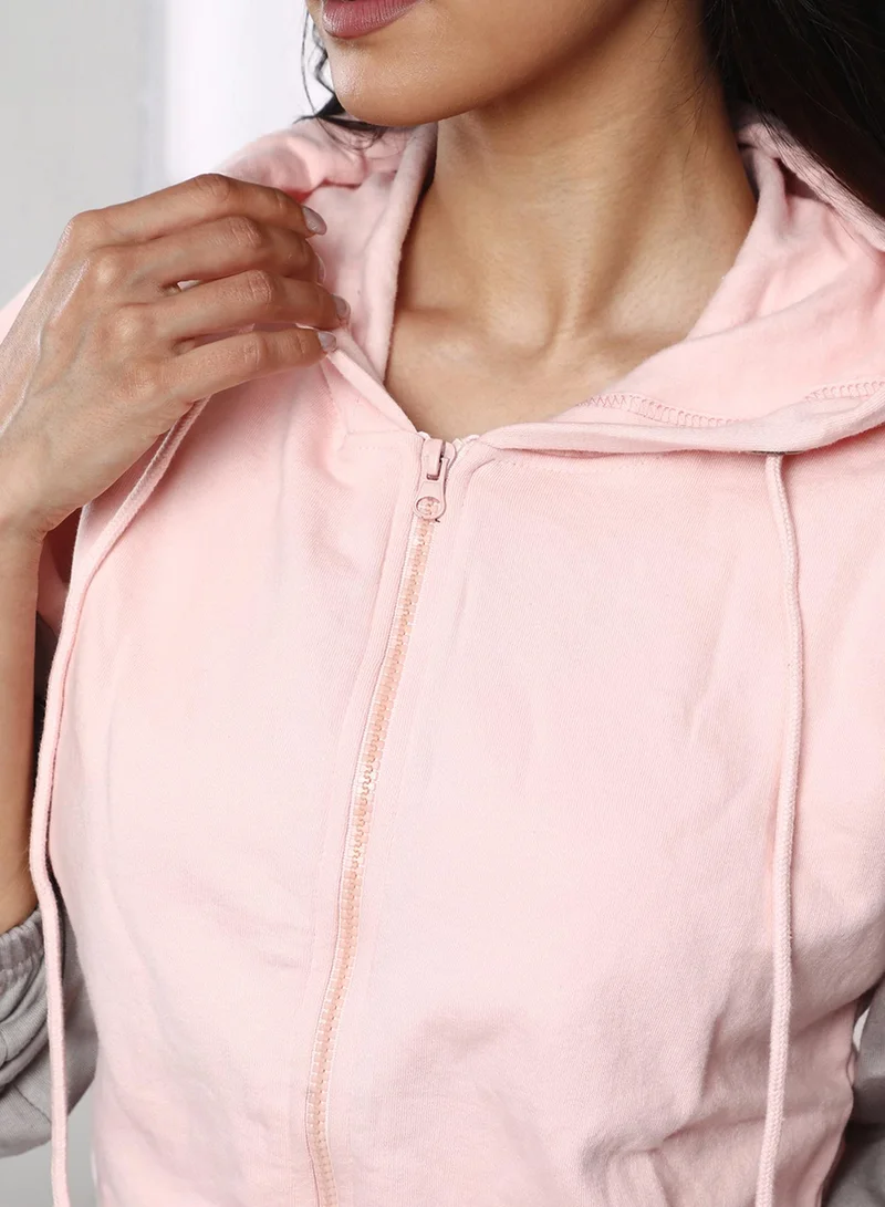 PINACOLADA Women's Baby Pink Zip-Front Block Sweatshirt For Casual Wear | Hooded Neck | Long Sleeve | Zipper Closure | Sweatshirt Designed With Comfortable Fit For Woman & Girls