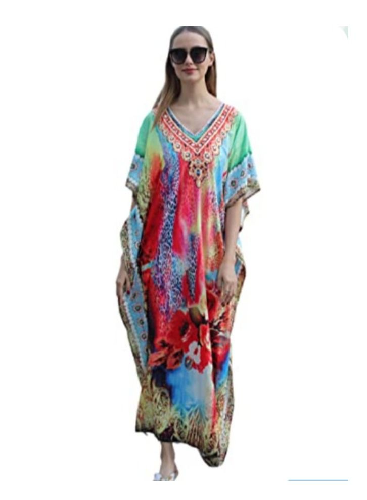 Women Maxi Caftan Dress, Ladies Sunblock Skirt Long Dress Bikini Cover Up Beach Swimsuit Coverups Robes Dresses Printing Loose Caftans Loungewear for Comfortable Home or Beach Outing  - Image 1
