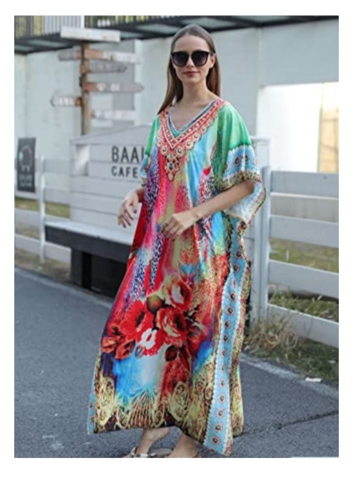 Women Maxi Caftan Dress, Ladies Sunblock Skirt Long Dress Bikini Cover Up Beach Swimsuit Coverups Robes Dresses Printing Loose Caftans Loungewear for Comfortable Home or Beach Outing  - Image 2