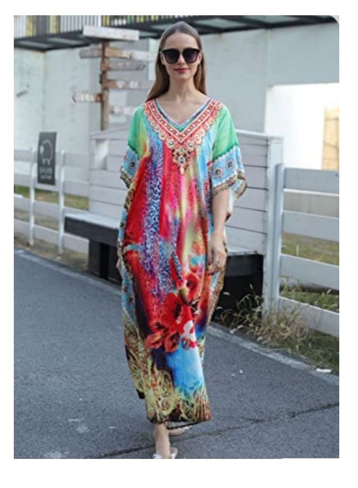 Women Maxi Caftan Dress, Ladies Sunblock Skirt Long Dress Bikini Cover Up Beach Swimsuit Coverups Robes Dresses Printing Loose Caftans Loungewear for Comfortable Home or Beach Outing  - Image 3
