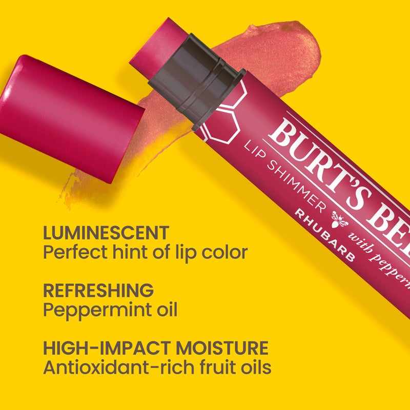 Burt's Bees Shimmer Lip Tint Valentines Day Gifts, Tinted Lip Balm Stick, Moisturizing for All Day Hydration with Natural Glowy Pigmented Finish u0026 Buildable Color, Rhubarb (4-Pack) - Image 3