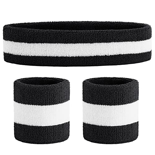ONUPGO Grey Sweatband Set Sports Headband Wrist Striped Sweatbands Terry Cloth Wristband Athletic Exercise Basketball Wrist Sweatband and Headbands Moisture Wicking Sweat Absorbing Head Band - Image 1