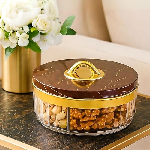 GALOOF 4-Section Round Transparent Dry Fruit Serving Box | Multipurpose Airtight Storage Set | Premium Festive Gifting & Serving Tray for Dry Fruits, Chocolates, Snacks & Candy (Brown Marble) - Image 5