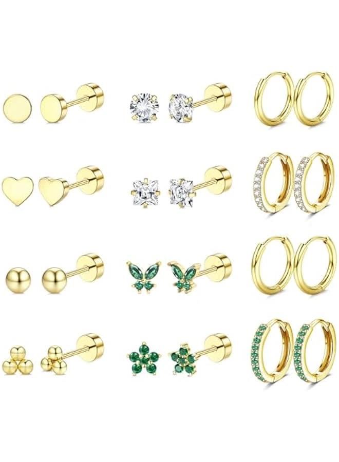 Hypoallergenic Surgical Steel Earrings for Sensitive Ears 14K Gold Flat Back Earrings for Women Men Small Stainless Steel Earrings Flatback Stud Hoop Cartilage Earring Set for Multiple Piercing - Image 1