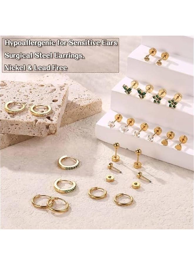 Hypoallergenic Surgical Steel Earrings for Sensitive Ears 14K Gold Flat Back Earrings for Women Men Small Stainless Steel Earrings Flatback Stud Hoop Cartilage Earring Set for Multiple Piercing - Image 3