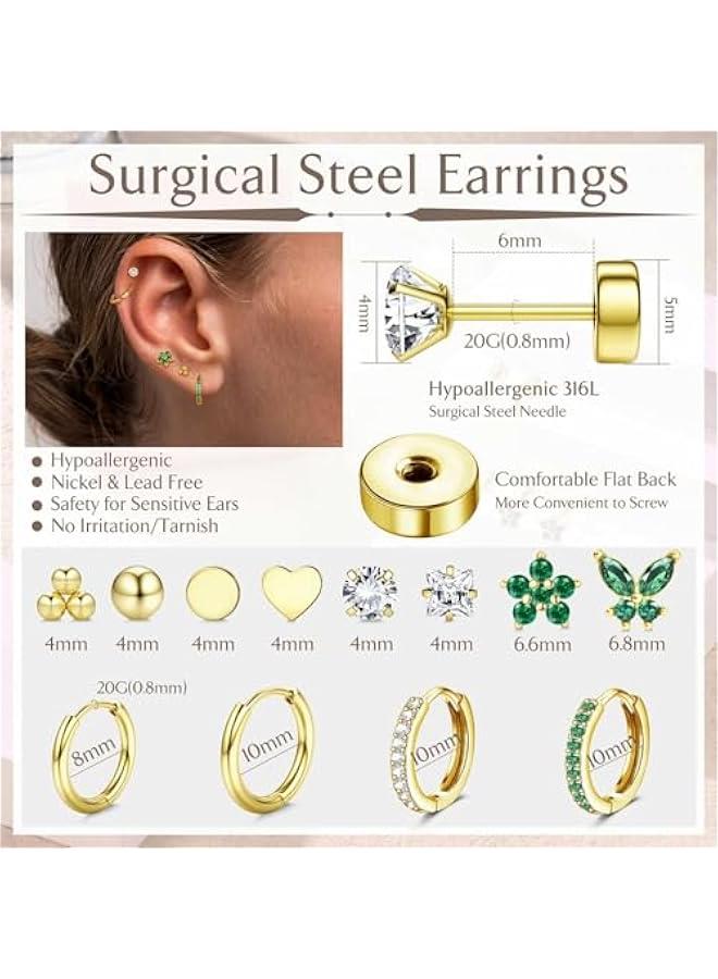 Hypoallergenic Surgical Steel Earrings for Sensitive Ears 14K Gold Flat Back Earrings for Women Men Small Stainless Steel Earrings Flatback Stud Hoop Cartilage Earring Set for Multiple Piercing - Image 5