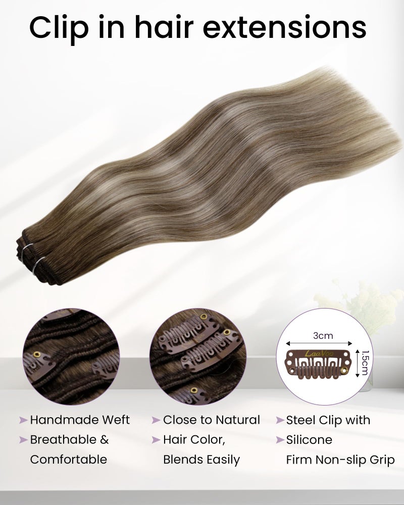 LaaVoo Clip in Hair Extensions Human Hair Light Brown Balayage Blonde Clip in Hair Extensions Real Human Hair Ombre Real Hair Extension Clip ins Human Hair 18 Inch 5pcs/80g - Image 3