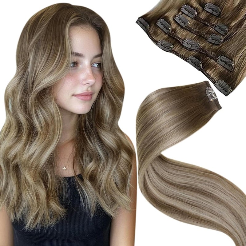 LaaVoo Clip in Hair Extensions Human Hair Light Brown Balayage Blonde Clip in Hair Extensions Real Human Hair Ombre Real Hair Extension Clip ins Human Hair 18 Inch 5pcs/80g - Image 1