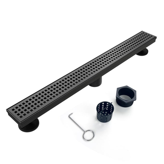 LINEAR SHOWER DRAIN 32 INCH BLACK DRAIN WITH REMOVABLE GRATE COVER BRUSHED 304 STAINLESS STEEL SHOWER FLOOR DRAIN LINEAR DRAIN WITH HAIR STRAINER AND ADJUSTABLE FEET