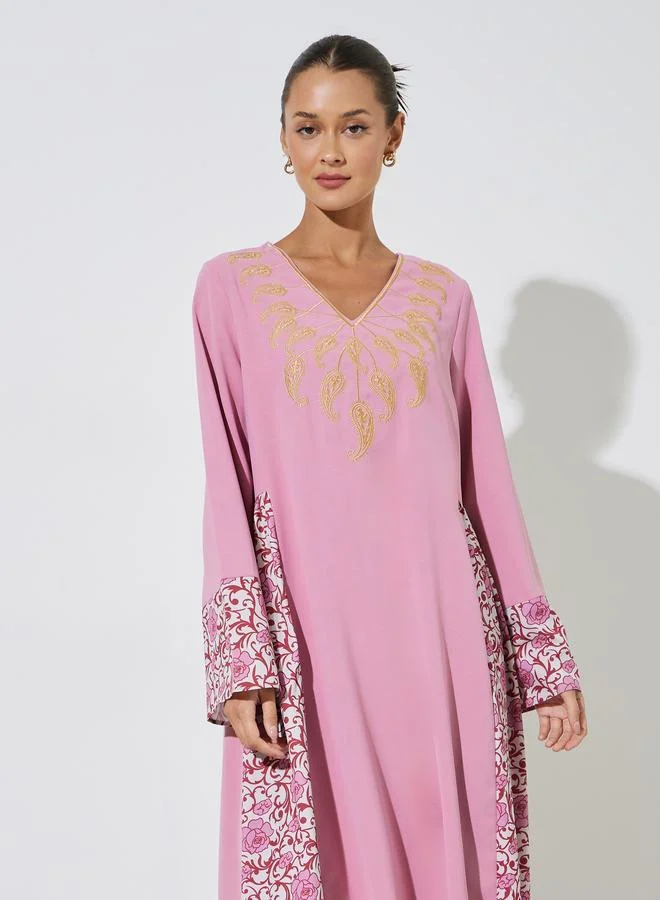 Styli  Pink Floral Print Long Sleeves Maxi Jalabiya With Gold Embroidery for Women | Best Price UAE