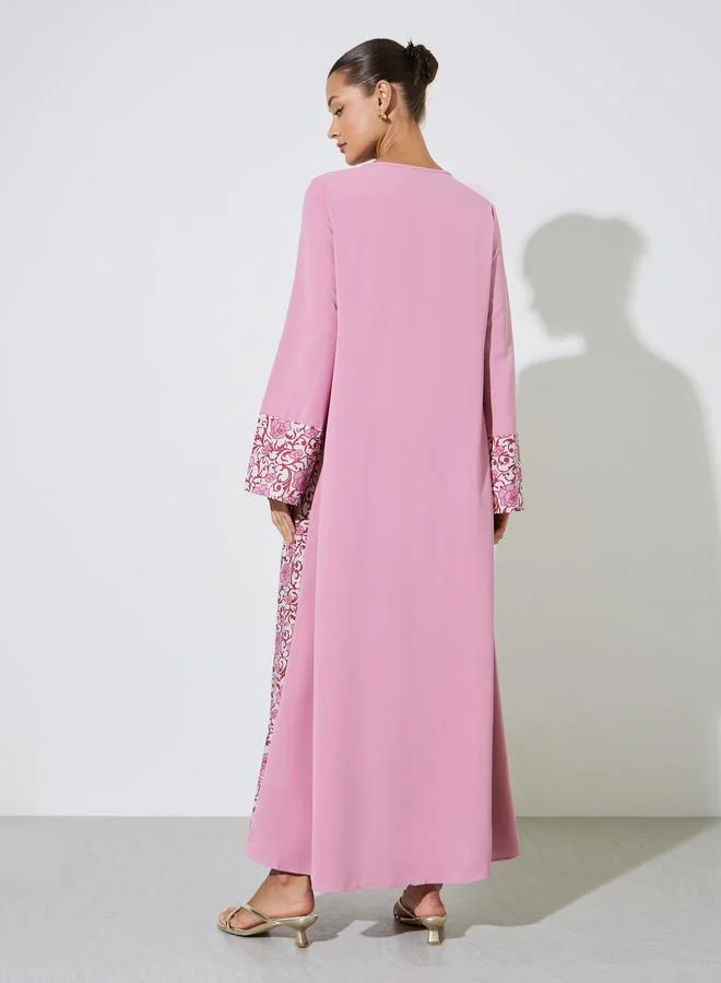 Styli  Pink Floral Print Long Sleeves Maxi Jalabiya With Gold Embroidery for Women | Best Price UAE