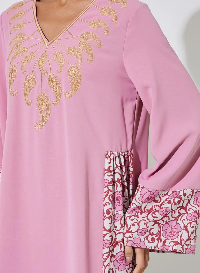 Styli  Pink Floral Print Long Sleeves Maxi Jalabiya With Gold Embroidery for Women | Best Price UAE