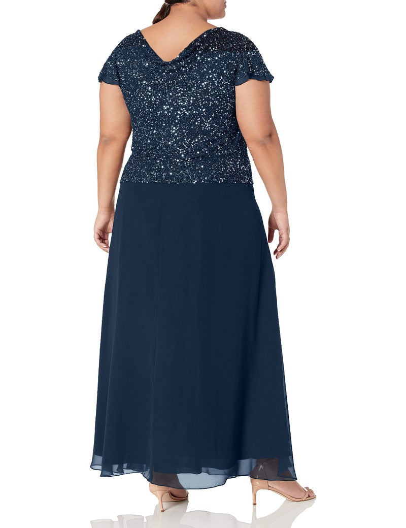 J Kara Women's Petite Long Beaded Cowl Neck Flutter Sleeve Gown Dress, Navy/Shaded, 16P - Image 2