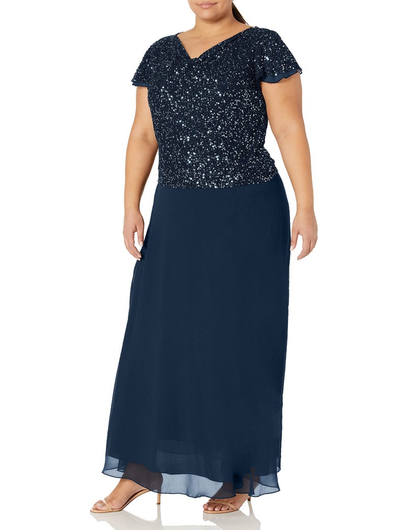 J Kara Women's Petite Long Beaded Cowl Neck Flutter Sleeve Gown Dress, Navy/Shaded, 16P - Image 3