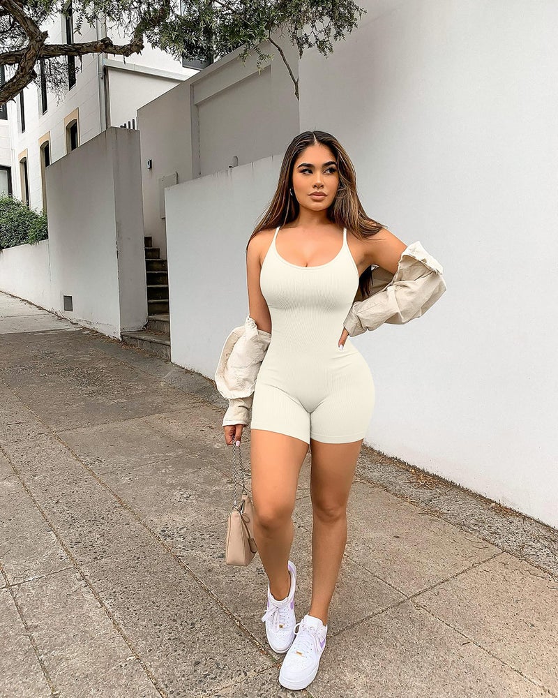 YIOIOIO Women Workout Seamless Jumpsuit Yoga Ribbed Bodycon One Piece Spaghetti Strap Shorts Romper - Image 5