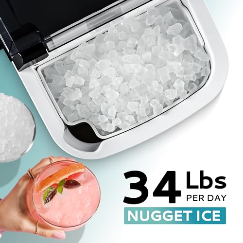 EUHOMY Nugget Ice Maker Countertop with Handle, Ready in 6 Mins, 34lbs Per Day, Removable Top Cover, Auto-Cleaning, Portable Sonic Ice Maker with Basket and Scoop, for Home/Party/RV/Camping (Black) - Image 3