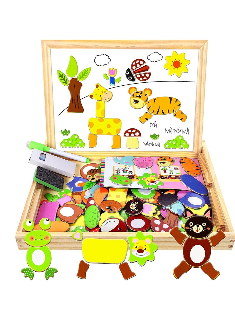 Generic 100+ Pieces Wooden Magnetic Jigsaw Puzzle with Chalkboard Stand Double Sided Educational Toys for Kids Girls Age 3+ Cool Joy Multicolor - Image 1