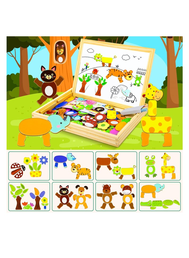 Generic 100+ Pieces Wooden Magnetic Jigsaw Puzzle with Chalkboard Stand Double Sided Educational Toys for Kids Girls Age 3+ Cool Joy Multicolor - Image 2
