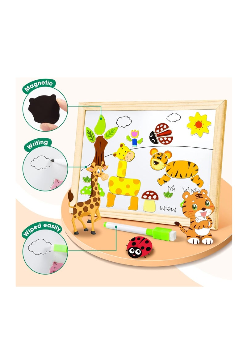 Generic 100+ Pieces Wooden Magnetic Jigsaw Puzzle with Chalkboard Stand Double Sided Educational Toys for Kids Girls Age 3+ Cool Joy Multicolor - Image 4