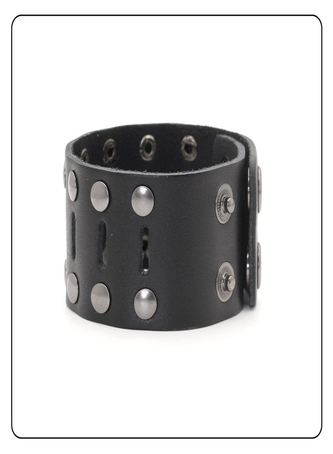 Fusamk Punk Rock Double Row Rivets Wristband Hollow Wide Leather Cuff Bracelet(Black) - Image 5