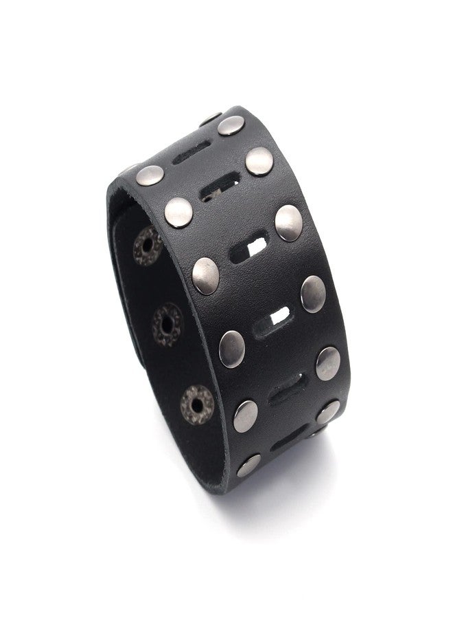 Fusamk Punk Rock Double Row Rivets Wristband Hollow Wide Leather Cuff Bracelet(Black) - Image 1