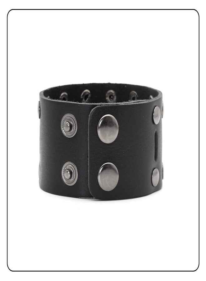 Fusamk Punk Rock Double Row Rivets Wristband Hollow Wide Leather Cuff Bracelet(Black) - Image 3