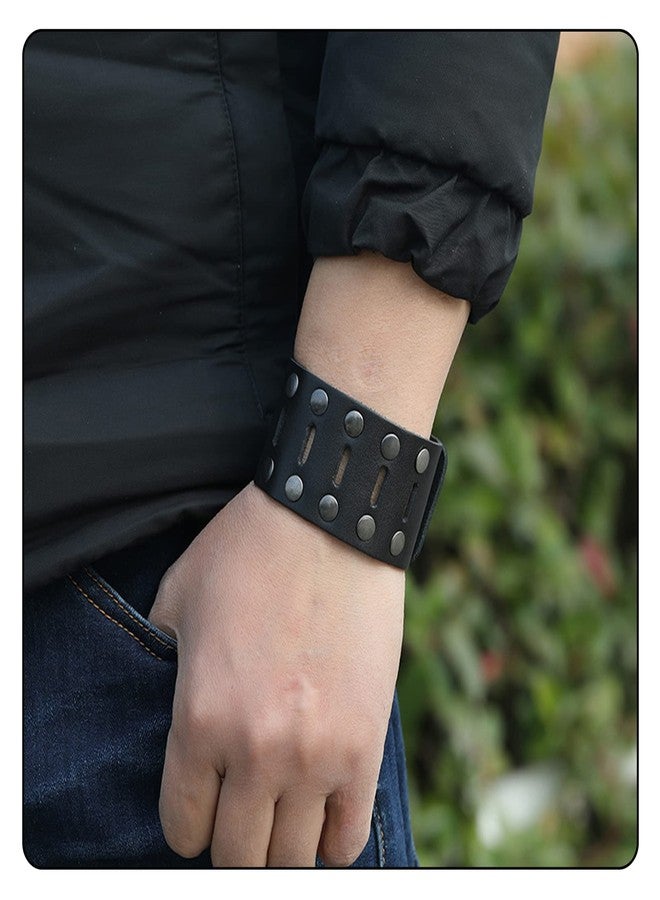 Fusamk Punk Rock Double Row Rivets Wristband Hollow Wide Leather Cuff Bracelet(Black) - Image 2