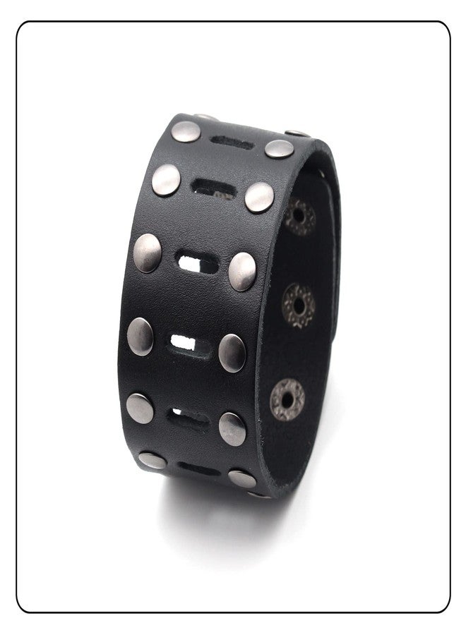Fusamk Punk Rock Double Row Rivets Wristband Hollow Wide Leather Cuff Bracelet(Black) - Image 4