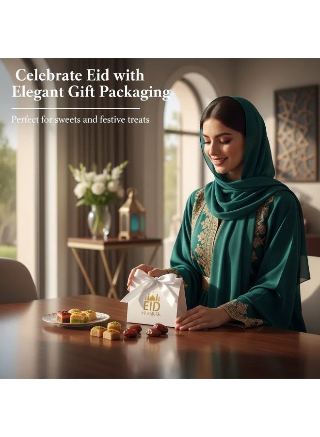 Bluejw 50 عبوة صندوق هدايا عيد، صندوق حلوى هلال العيد، صندوق هدايا رمضان مبارك، صندوق حلوى عيد DIY مع شريط، صندوق حلوى زفاف إسلامي مسلم، صناديق تذكارية من الشوكولاتة والبسكويت لاحتياجات عيد، حقيبة هدايا قلعة ذهبية - Image 3