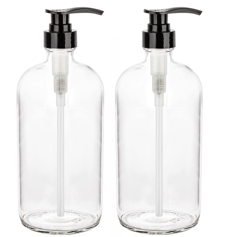 kitchentoolz 32Ounce Pump Bottles Large Clear Glass Boston Round Bottles wBlack Pumps Great for Lotions Laundry Soap Detergent Oils Sauces Food Safe and Medical Grade Pack of 2