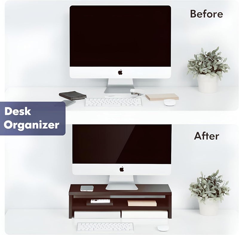 DIME حامل شاشة خشبي مع منظم تخزين للمكتب، الطاولات، المكتب، المنزل، الاستوديو، طاولة الدراسة | حامل شاشة مريح لسطح المكتب (متوسط، بني) - Image 5