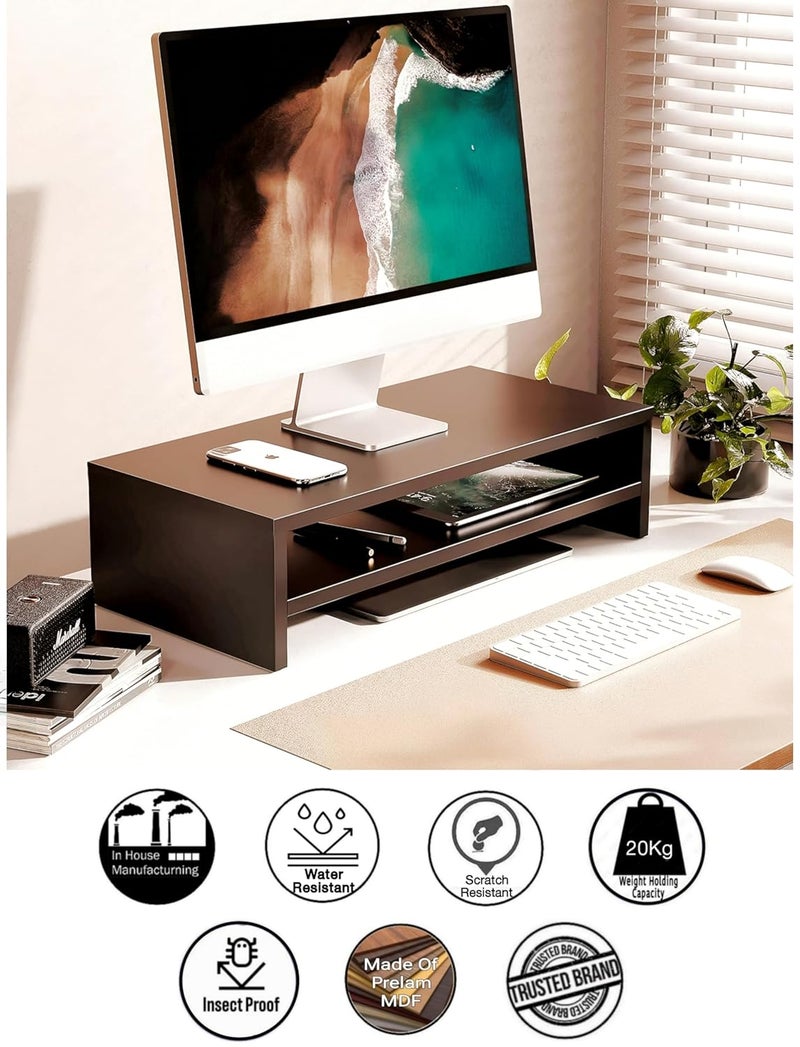 DIME حامل شاشة خشبي مع منظم تخزين للمكتب، الطاولات، المكتب، المنزل، الاستوديو، طاولة الدراسة | حامل شاشة مريح لسطح المكتب (متوسط، بني) - Image 3